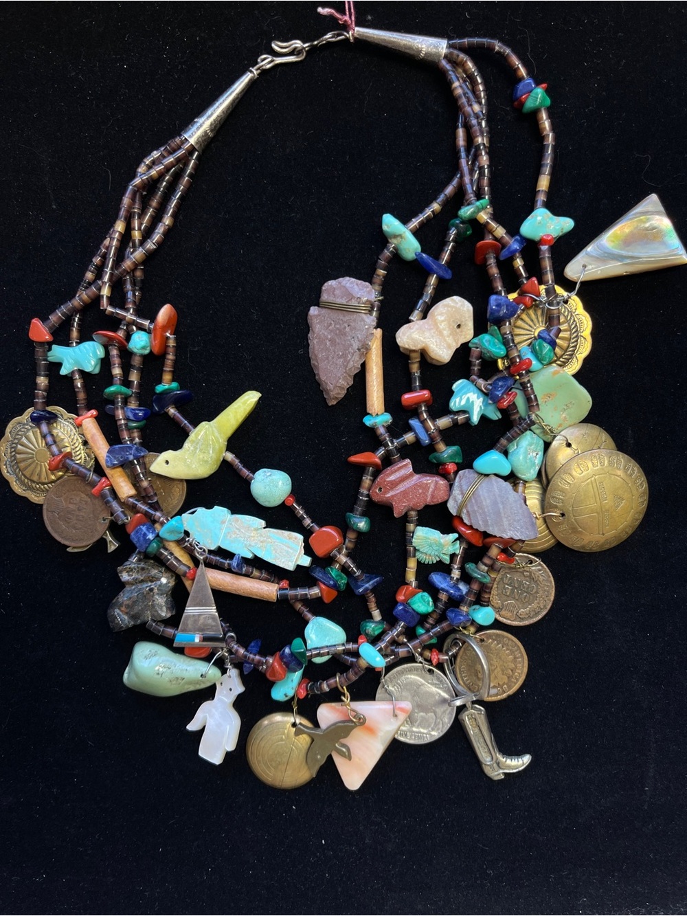 Vintage Southwestern End of Day/Treasure Necklace Fetishes Buffalo Nickels etc